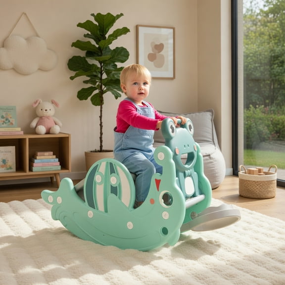 GVN Climber Playground Kids Rocking Slide,3-in-1 Kids Slide Rocking Horse Set Convertible Toddler Slide with Basketball Hoop-Green