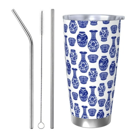 

Zeuib Blue Vases Printed 20oz Stainless Steel Insulated Car Cup Stainless Steel Thermal Cup Vacuum Insulated Leak-proof Travel Mug Cup-Straw Three-piece Set