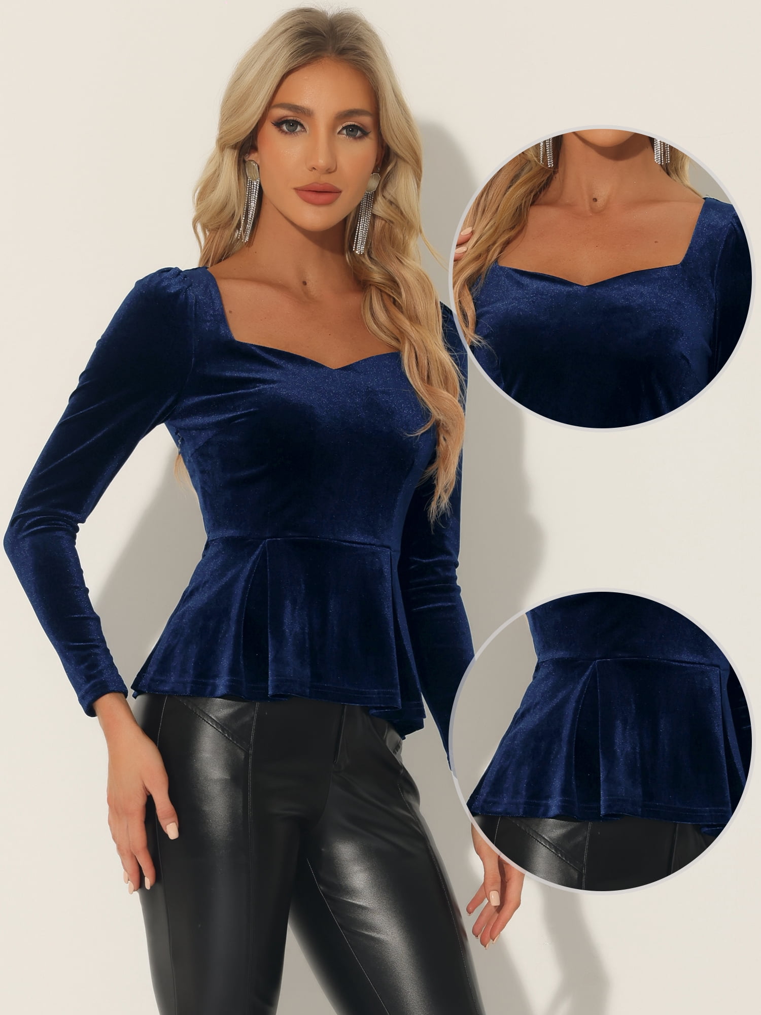 DARING DIVA Elegant Velvet Sweetheart Neck Peplum Top L Navy Blue