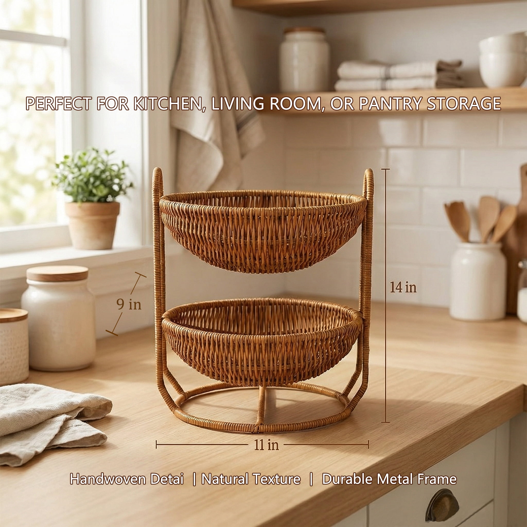 Handles Rattan Fruit Storage Basket, Beige Japanese