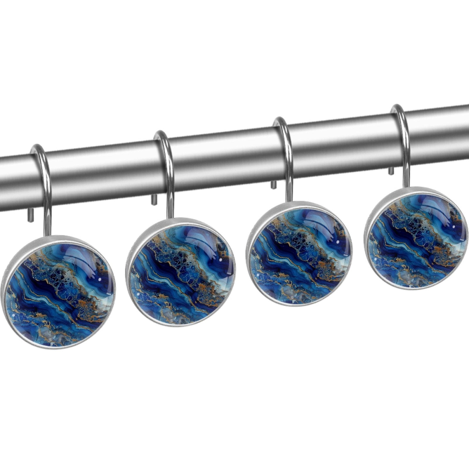 HemaKayy 12 Pcs Decorative Marble Shower Curtain Hooks - Elevate Your Home Decor - Rust-Proof Stainless Steel Rings for Bathroom, Bedroom, Kitchen - Easy to Install & Durable - Blue Gold Liquid