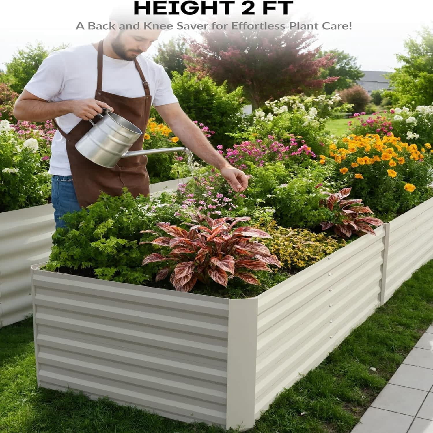 EastVita 6ft x 3ft x 2ft Rectangular Raised Garden Bed, 0.5mm Galvanized Color Steel Planter Box, Beige