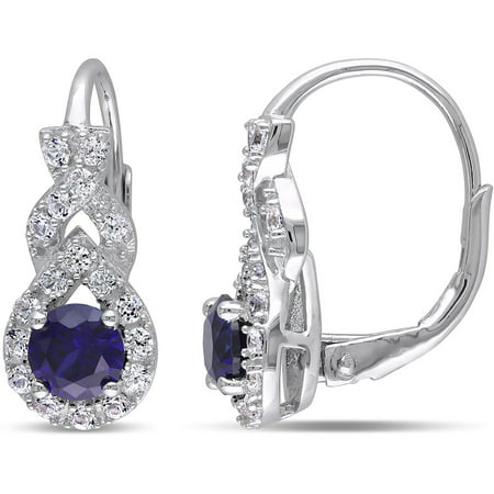 1-7/8 Carat T.G.W. Created Blue and White Sapphire Sterling Silver Halo Leverback Earrings