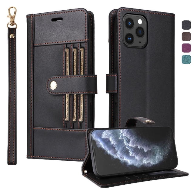 FOXDOCK Funda tipo Cartera para iPhone 12 Pro Max – Cubierta de Cuero PU con Múltiples Ranuras, Bolsillo para Efectivo y Correa de Muñeca
