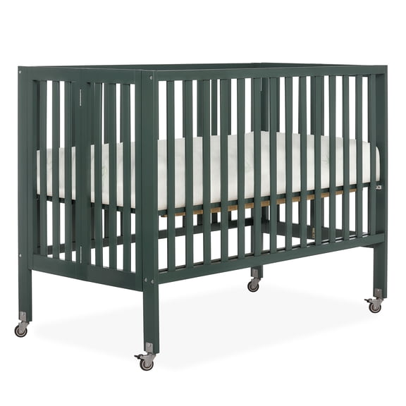 Dream On Me Quinn Full-Size Folding Crib, Removable Wheels, Modern Nursey, Adjustable Mattress Support, Patent Folding System in Olive
