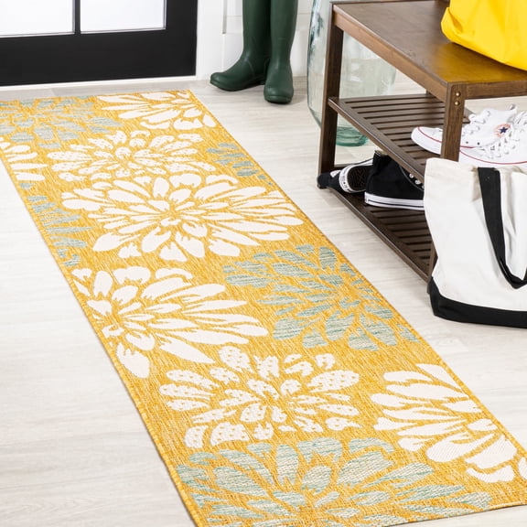 JONATHAN Y SANTA MONICA 2 x 10 Runner Rug, Zinnia Floral Textured Weave - Yellow/Cream, SMB110G-210