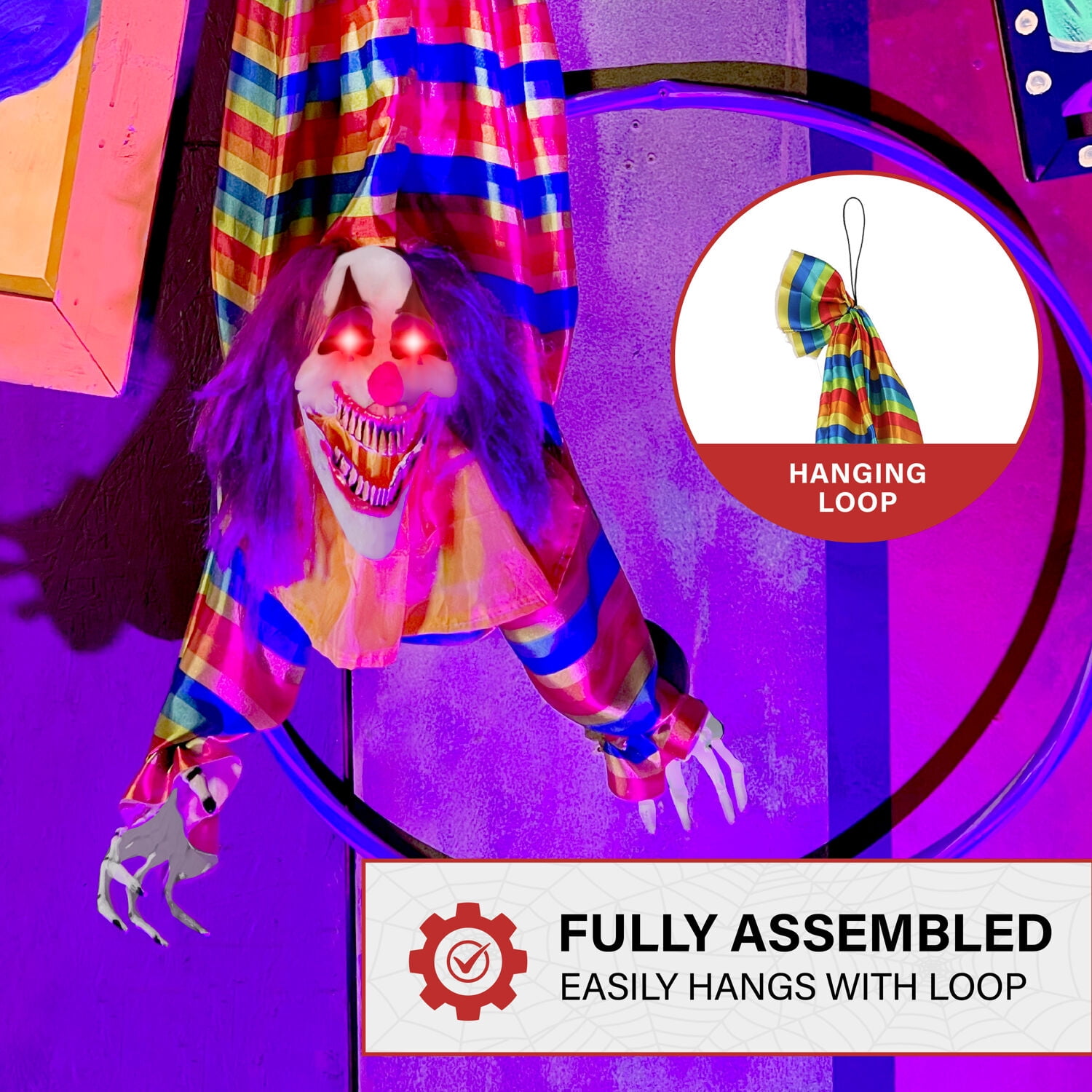Haunted Hill Farm 47 in Animatronic Hanging Upside Down Clown with Lights and Sound, Halloween Decoration, HHCLOWN-39HLSA