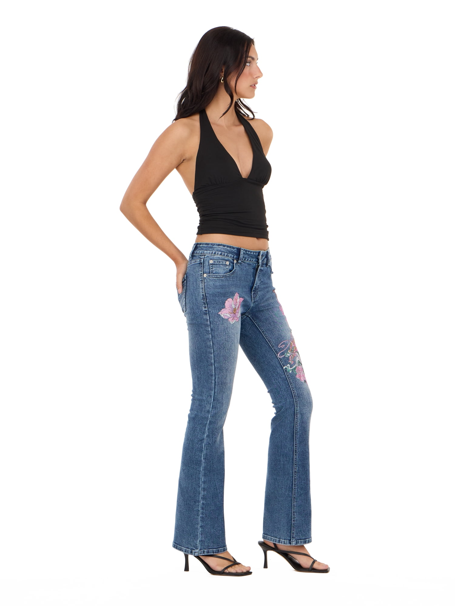 Forever 21 Women's and Women's Plus Mid Rise Bootcut Denim Pants with Rhinestone and Embroidered Back Pockets, Fitted Stretch Jeans, Vintage Wash Casual Style, Blue, 00-4X