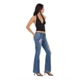 thumbnail image 3 of Forever 21 Women's and Women's Plus Mid Rise Bootcut Denim Pants with Rhinestone and Embroidered Back Pockets, Fitted Stretch Jeans, Vintage Wash Casual Style, Blue, 00-4X, 3 of 6