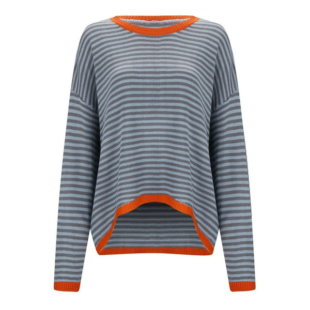 Aocisk Chandails Légers pour Femmes Manches Longues Col Rond Bloc de Couleur Rayé Décontracté Tricoté Chandail Confortable Automne GY1 m
