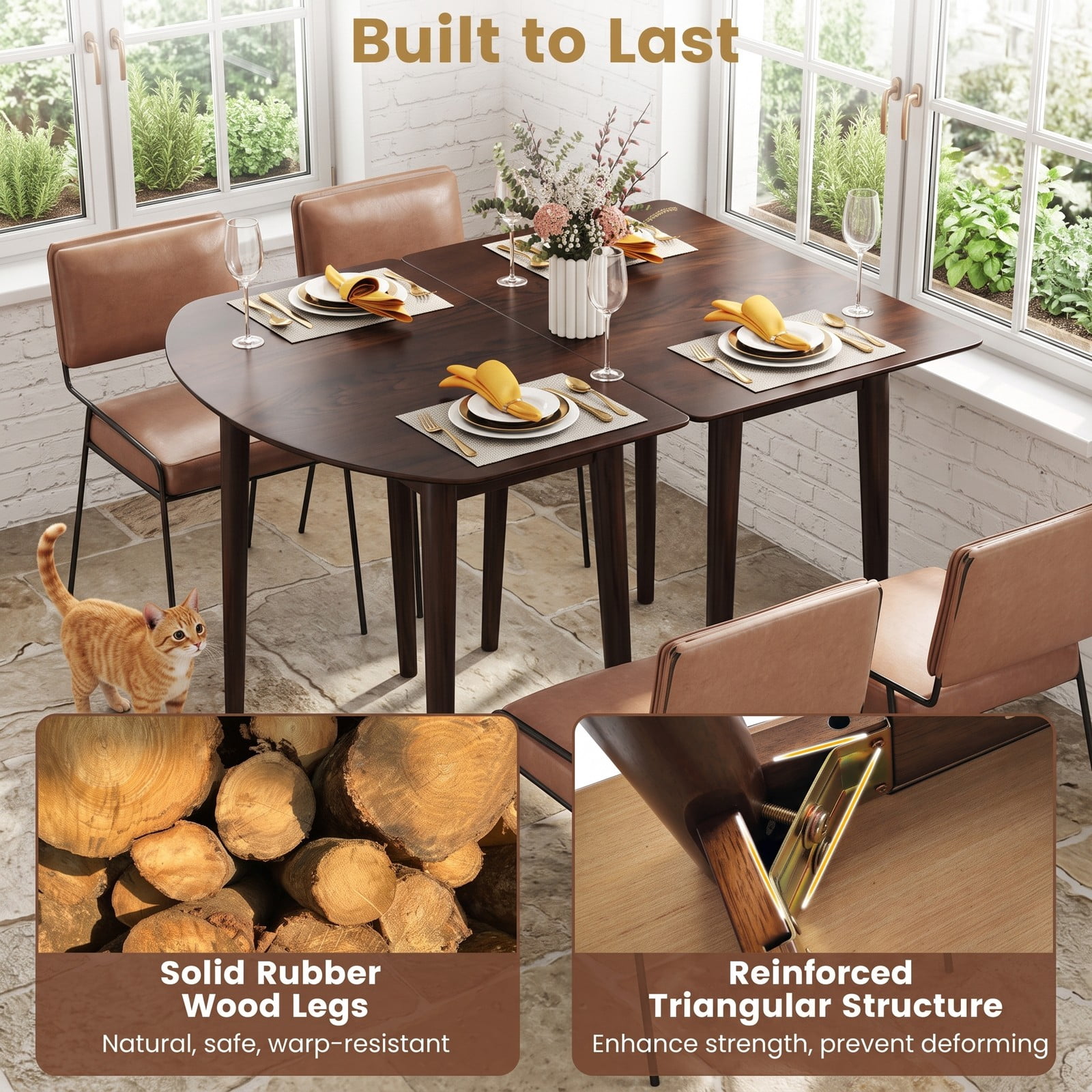 Furnibear Extendable Oval Dining Table Set with 2 Half-Round Tables, Seats 4-6, MDF and Rubber Wood Kitchen Dining Room Farmhouse Table for Small Spaces, Walnut