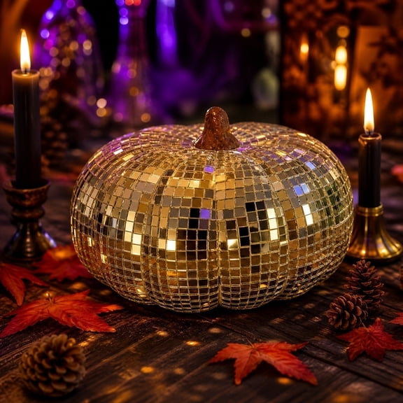 Vintage Gold Disco Ball Pumpkin Figurine Handmade Reflective Glass Mosaic Artificial Pumpkin Sparkling Table Centerpiece for Fall Halloween Thanksgiving Mantel Decor