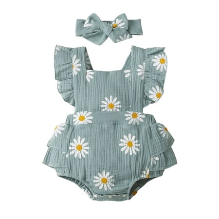 

elfinBe Baby Girl Chrysanthemum Tea Edge Triangle Romper With Headband 0-12M