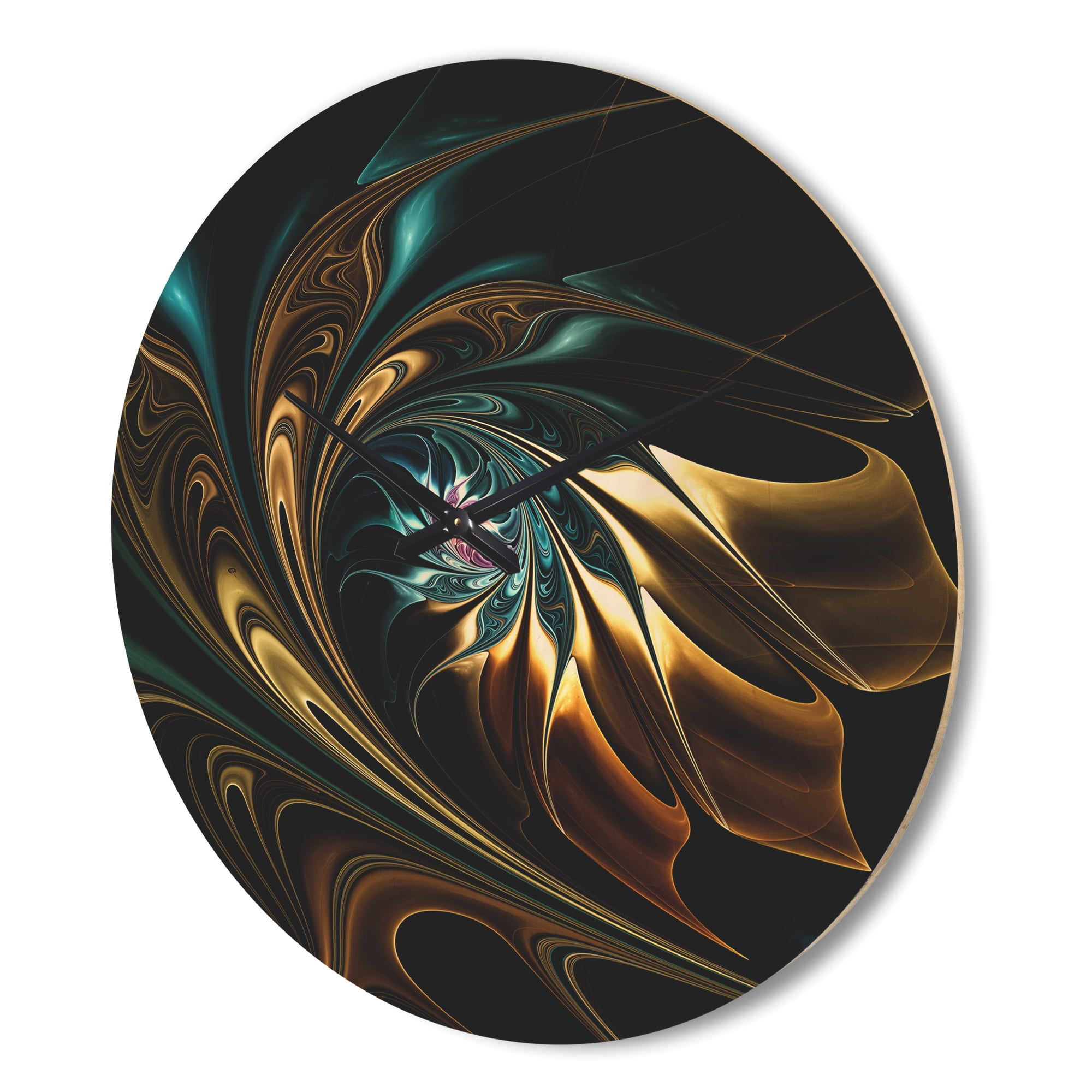Designart 'Blue Brown Fractal Flower in Black' Modern Wood Wall Clock