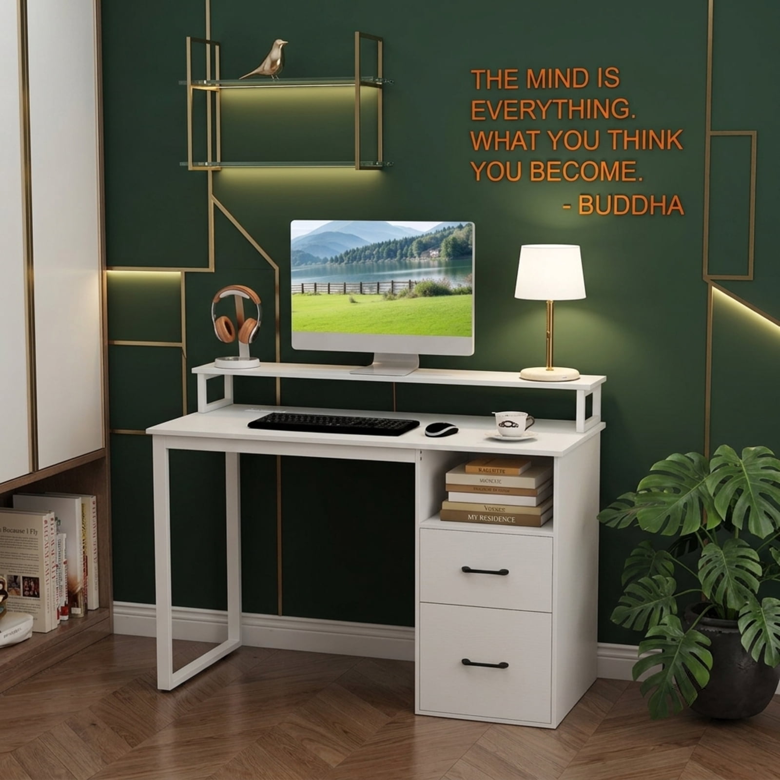 Furnibear Computer Desk with Power Outlets and File Drawer, Modern Home Office Desk with Monitor Stand and Metal Frame for Study Room, White