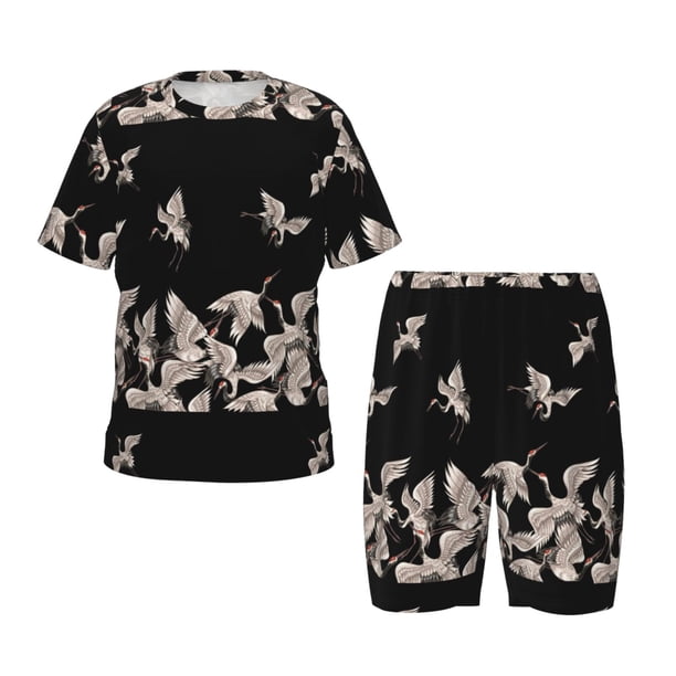 Balery Japanese White Crane Conjunto de Pijama Infantil de Manga Corta con Estampado – Ropa de Dormir de Algodón Suave-Medium