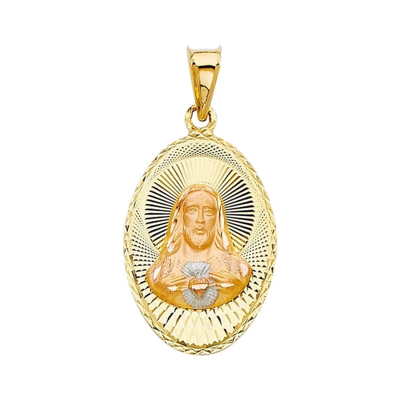 14K Gold Tri-Color Diamond Cut Jesus Stamp Religious Charm Pendant for Men Women