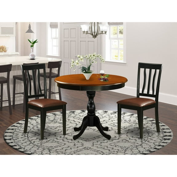 East West Furniture AMAN3-BCH-LC 3-Piece Dining Room Table Set Consists of a Modern Kitchen Table and 2 Faux Leather Kitchen Chairs with Slatted Back - Black Finish