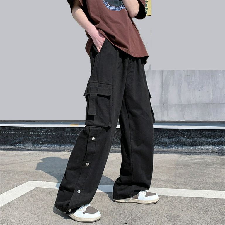 hoksml Men's Baggy Pants Multi Pocket Button Side Split