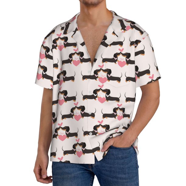 Balery Dachshund And Hearts Camisa Casual de Manga Corta con Botones para Hombre, Texturizada, Estilo Cubano, para Playa, Verano-Medium