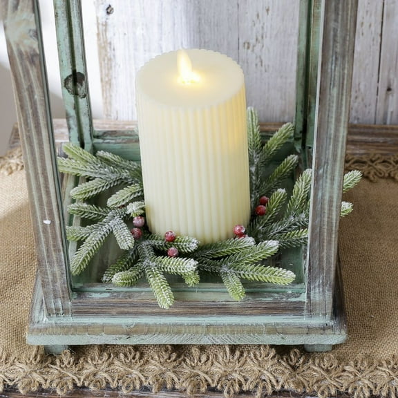 PONPRNGY 1Pc Christmas Candle Rings Wreaths Snow Flocked Candle Rings Pine Branches, Red Berries, Candle Rings Christmas Table Centerpiece for Front Door Window Wall Decor