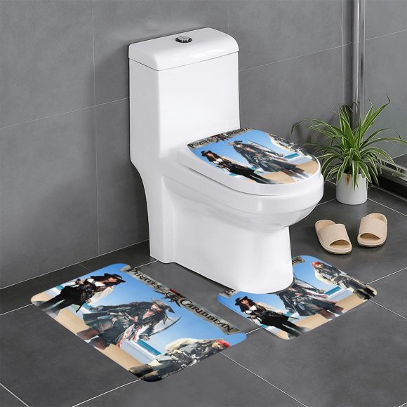 Piratas del Caribe Juego de 3 alfombras de baño de coral fleece: tapete de baño + alfombra de inodoro en forma de U + funda de tapa de inodoro en forma de O