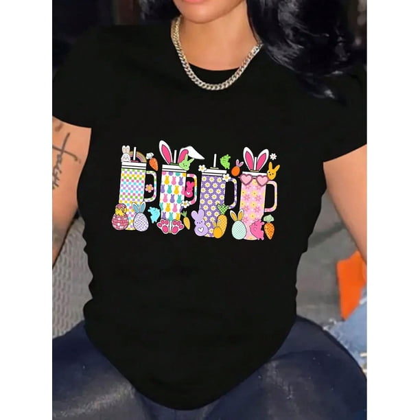 Camisetas de verano para mujer, manga corta, cuello redondo, casual, lindo, con gráficos, camisetas básicasWomen's Easter Graphic Print Tee Casual Short Sleeve Shirt Breathable For Everyday Wear Tee