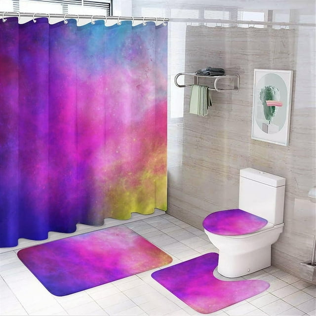 Faty-T Ensemble de Rideaux de Douche 4 Pcs Décor Galaxie Univers Nébuleuse Ensembles de Salle de Bain avec Rideau Tapis Couverture de Toilette et Tapis en Forme de U Espace Extérieur Infini Galaxie Rideau de Douche avec 12 Crochets