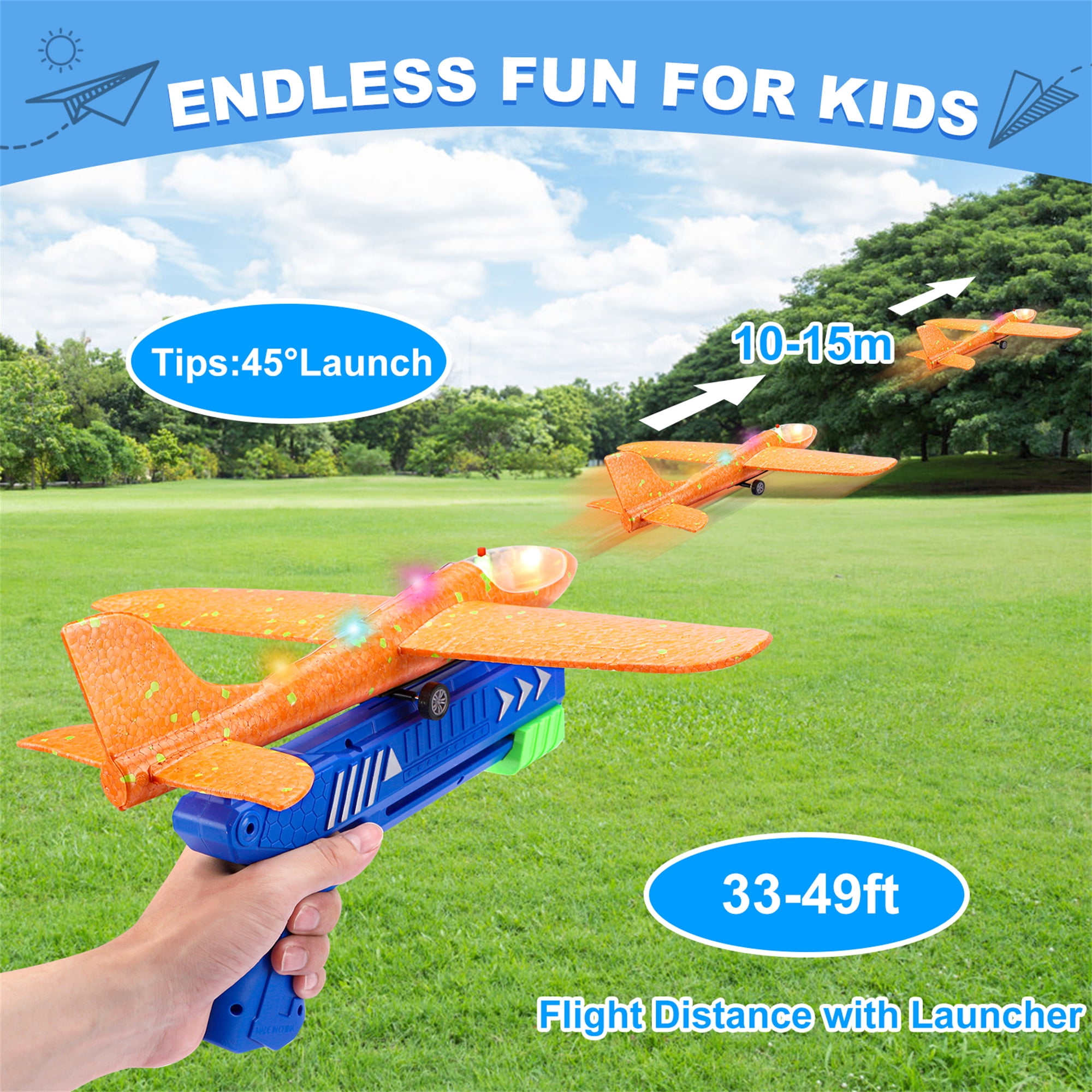 Growsly 3 Pack Airplane Launcher Toys, 12.6 inch Foam Glider LED Airplane, 2 Flight Modes Catapult Airplane Boy Toys Kids Outdoor Flying Toys Gifts 4-12 Years Old Kids, Green, Orange, Blue