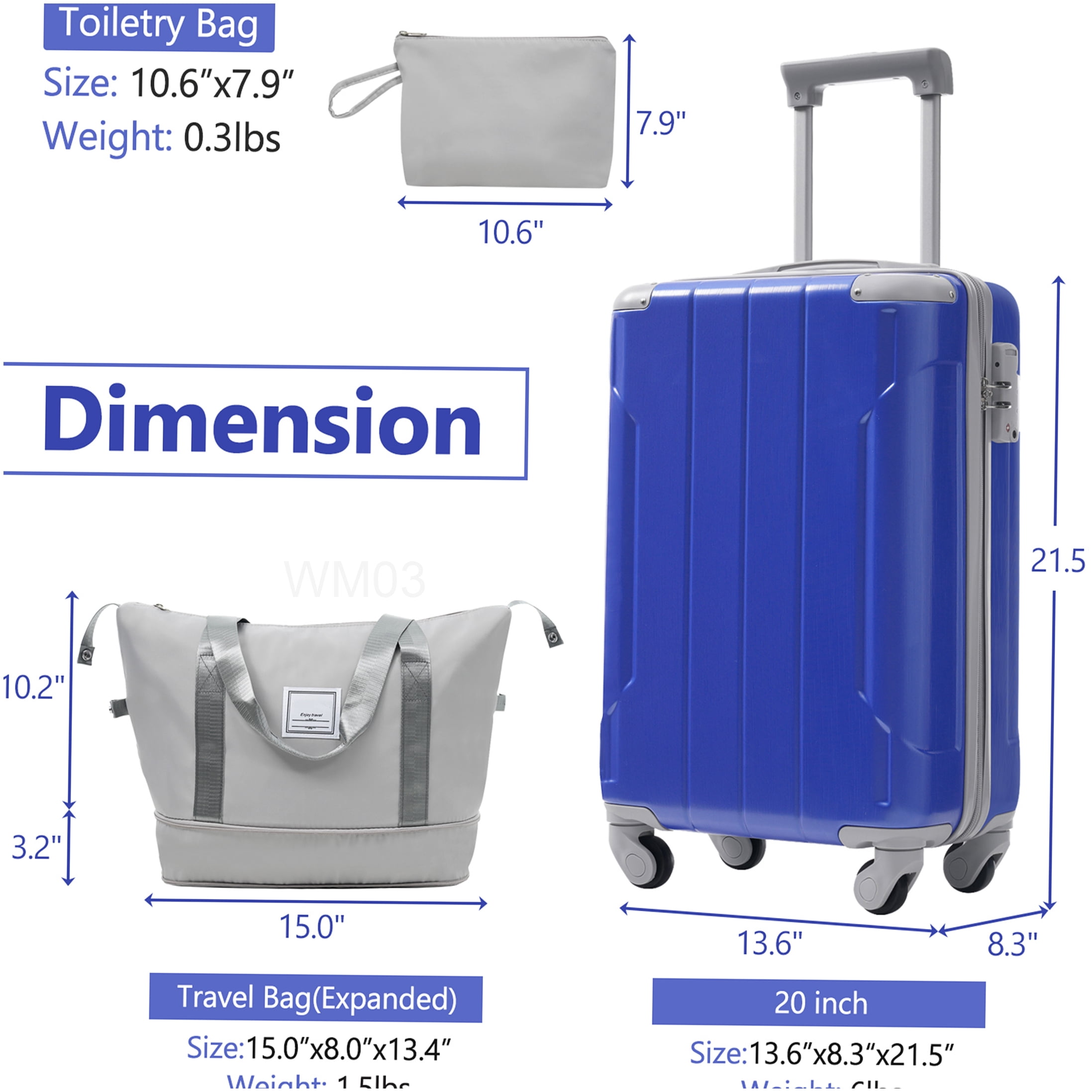 Lightweight 20 Inch Carry On Luggage 3 Piece Set, ABS Hardshell Spinner Suitcase with TSA Lock, Expandable Duffel Bag & Toiletry Bag for Weekend Travel, Blue