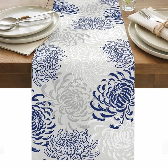 Blue White Table Runner - 70 Inch Long, Kitchen Dining Table Runner Dresser Scarves, Abstract Grey Chrysanthemum Flower Floral Farmhouse Decor for Coffee Tables Wedding Party Banquet