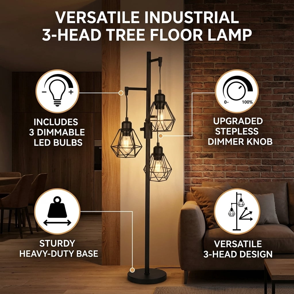 Industrial Floor Lamp with 3 Dimmable LED Bulbs Standing Lamp for Living Room Tree Floor Lamp Tall Lamp with Cage Shades for Bedroom Home Decor