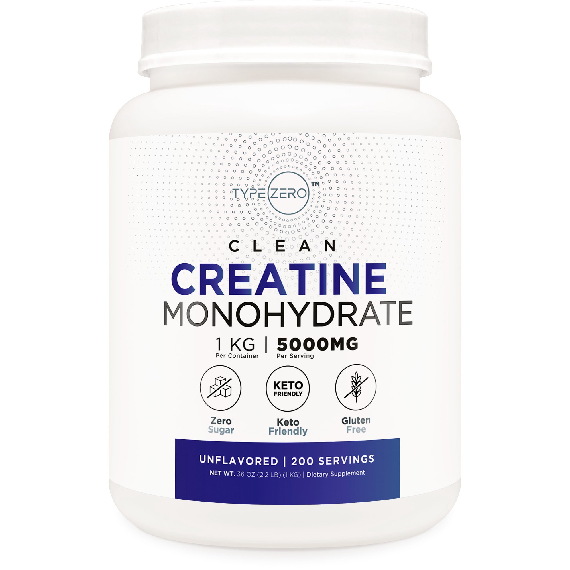 Type Zero Creatine Monohydrate (Unflavored) 1 KG, 5000mg (5g) Per Serving, Micronized, Zero Sugar, Keto Friendly & Gluten Free, 200 Servings