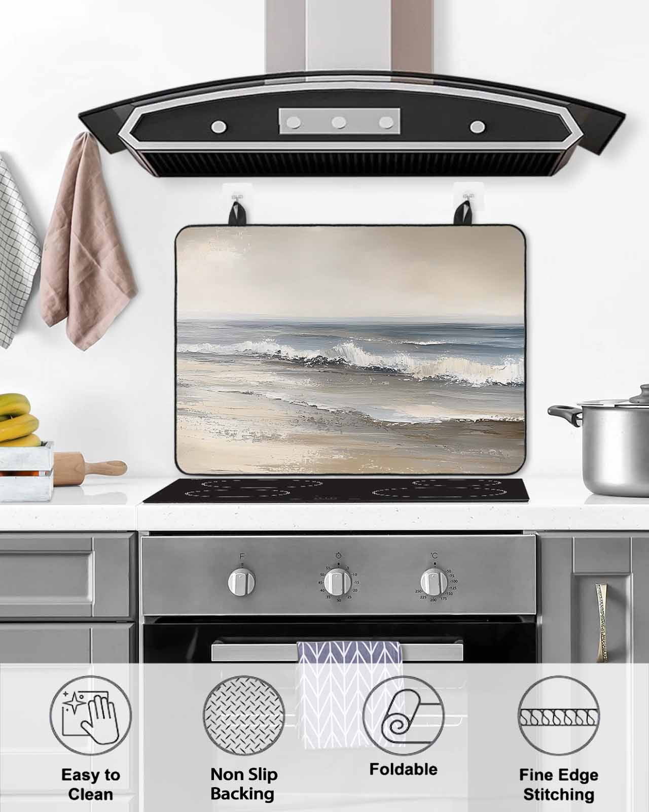 nqOlkjepod Large Induction Cooktop Protector Mat 24"x21", Ocean Stove Top Covers for Electric Stove, Grey Sky Abstract Beach Minimalism Art Decorative Stove Burner Cover Mats, Glass Top Stove Cover