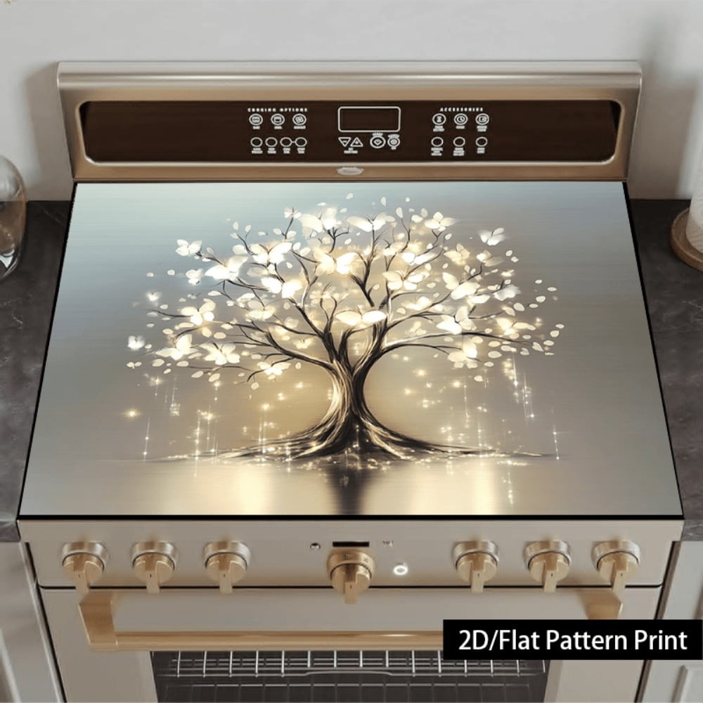 1 piece, stove panel and cooktop panel protection pad, 2D flat dreamy butterfly life tree pattern kitchen decorative countertop pad, suitable for stoves, washing machines, dryers, coffee machines, mu
