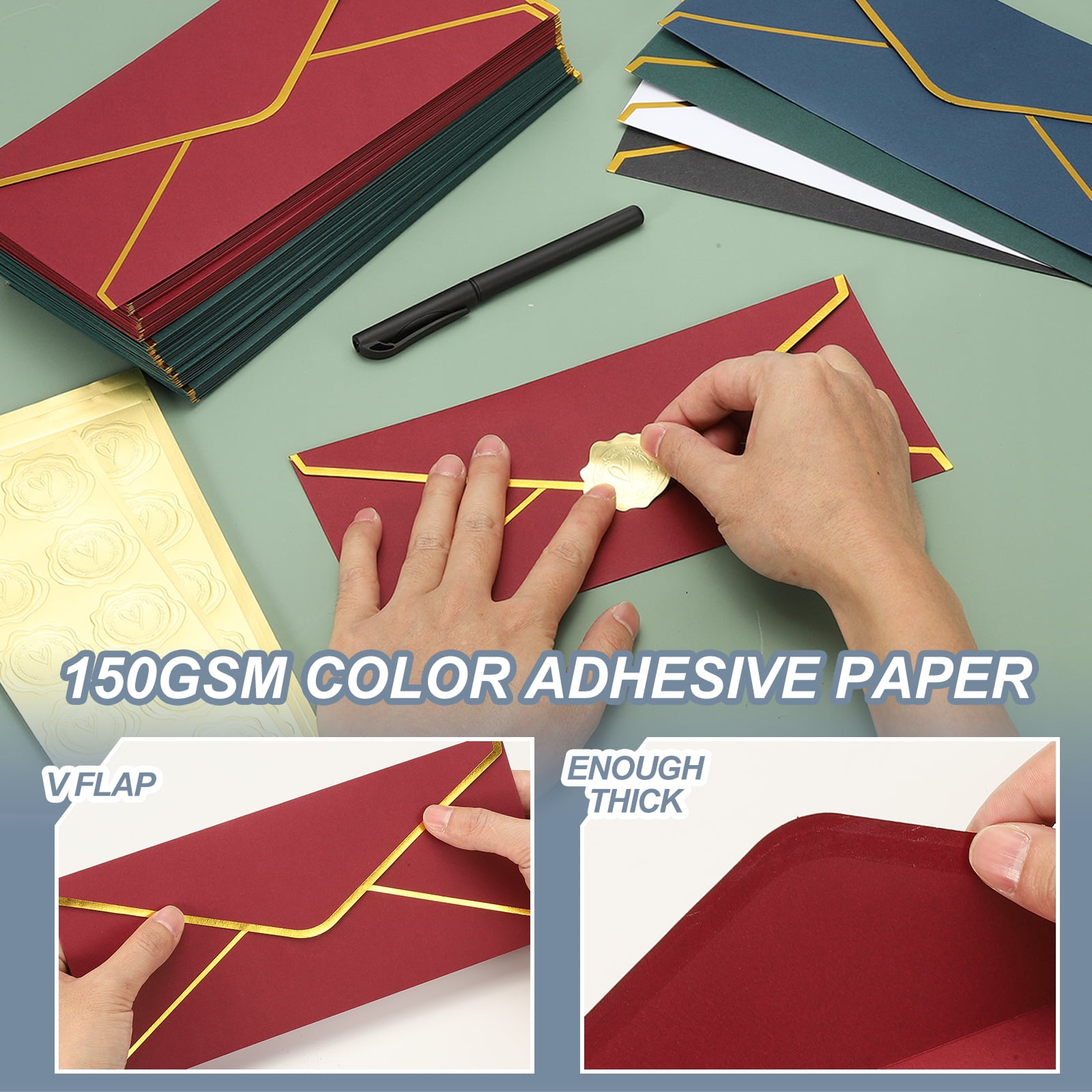Uxcell 4 1/8 x 9 1/2 Inch Envelopes with Gold Border, 100 Pack V Flap Invitation Business Mailing Envelopes with Gold Stickers for Office Wedding Cards Gift Photos Graduation, Burgundy