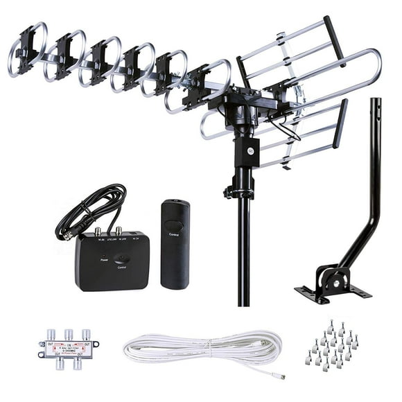 Five Star Outdoor HD TV Antenna Strongest Up to 200 Miles Long Range with Motorized 360 Degree Rotation, UHF/VHF/FM Radio Infrared Remote Control with Installation Kit and Jpole