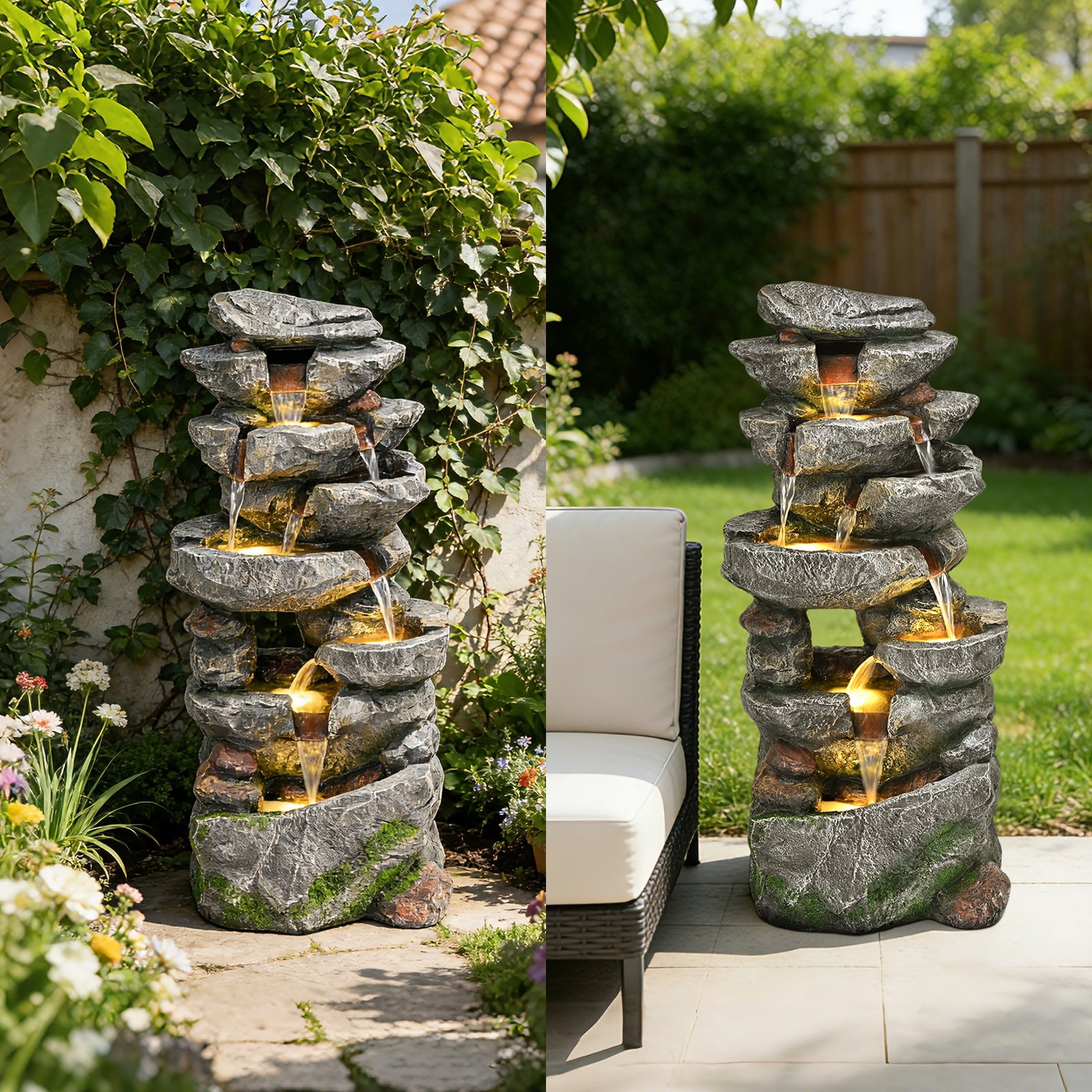 39" 7-Tier Cascading Rock Fountain - With LED Lights & Pump, Outdoor Garden Decor, Self-Contained Recirculating & Weather-Resistant