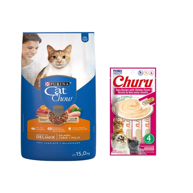 Cat Chow Delimiix Defense Plus 15 kg + Churu Atún con Camaron Sobre con 4 Tubos de 14 g