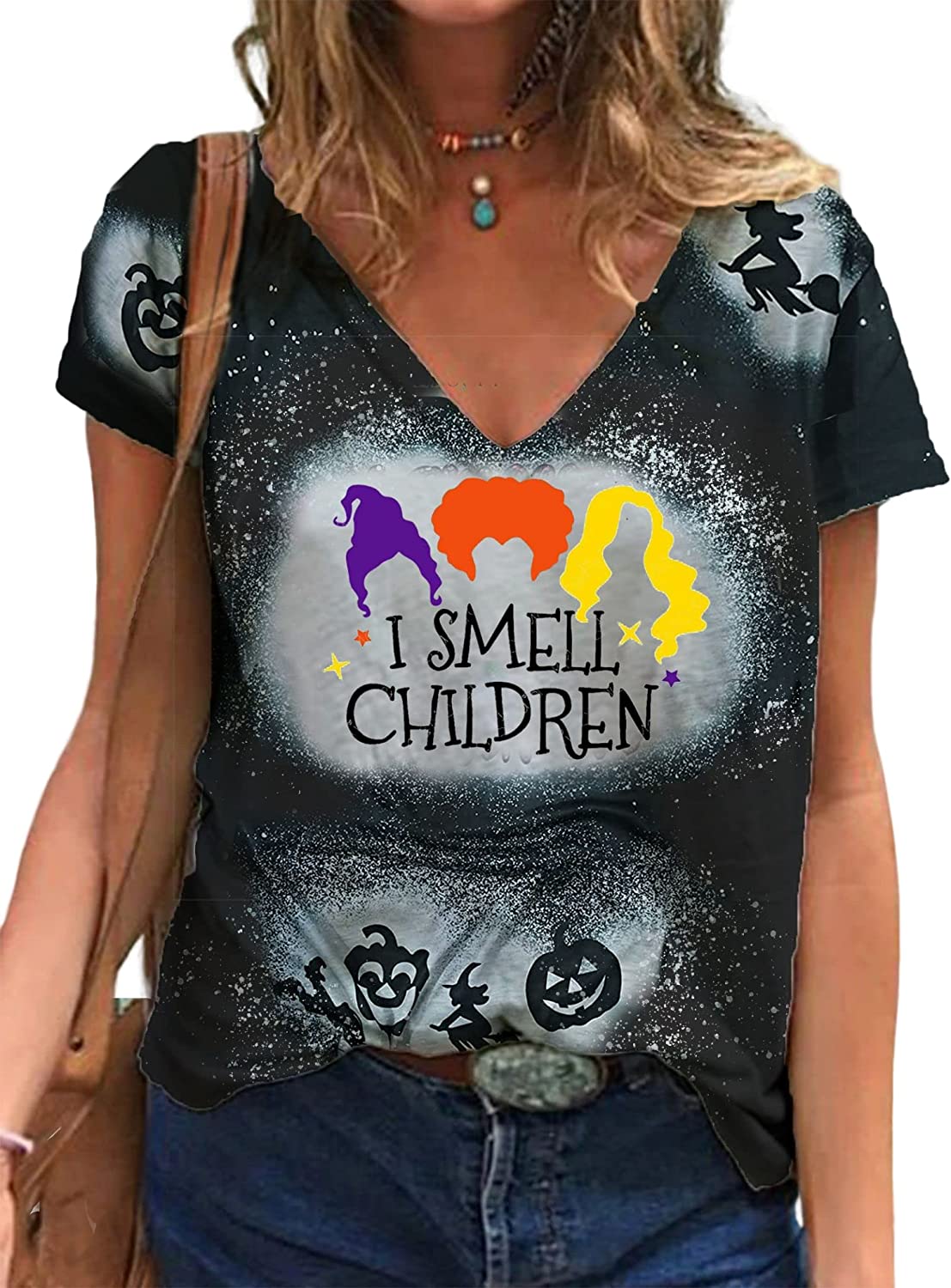 PIKADINGNIS Womens I Smell Children Halloween TShirt V Neck Short