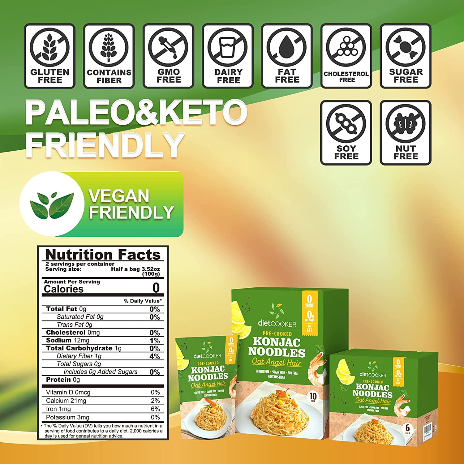 Shirataki Noodle, DIET COOKER Premium Konjac Noodle 10 Pack Inside, Keto & Vegan Friendly, 9.52 oz, Odor Free, Low Calorie Pasta, Zero Net Carbs, Healthy Diet Food - Oat Angel Hair