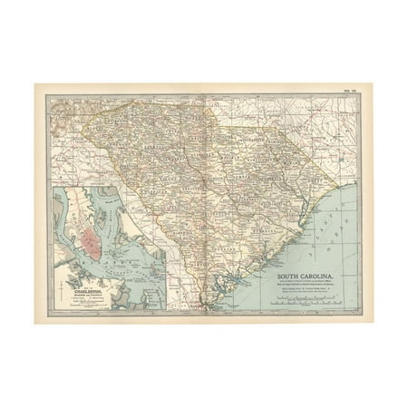 Map of South Carolina. United States. Inset Map of Charleston, Harbor and Vicinity Print Wall Art By Encyclopaedia