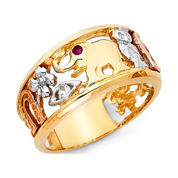 14k Tri Color Solid Gold CZ White & Amethyst Lucky Charm Ring 10mm