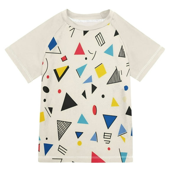FORMRS Boys Rash Guard Short Sleeves Swim Shirt Quick Dry UPF 50  Sun Protection, Sizes 3-12T, Retro Triangles