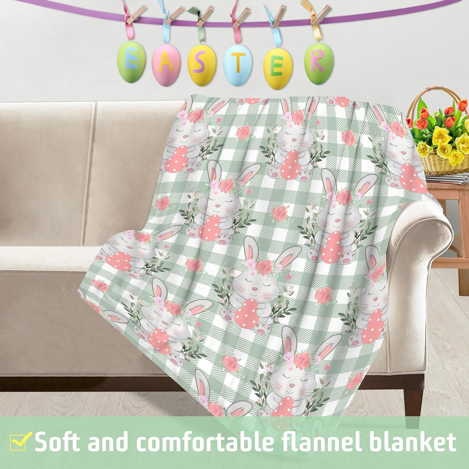 Luxury Plush Easter Blanket Red Blue Green Yellow Colorful Bunny Throw Blanket for Couch,Lightweight Soft and Warm Throws Blankets for Sofa Bed Living Room in Spring 40" x 30"