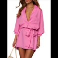 thumbnail image 2 of Vestido Camisero Mini con Cuello en V, Botones, Plisado, Mangas 3/4 y Cinturón para Mujer. Rosa Roja M, 2 of 10