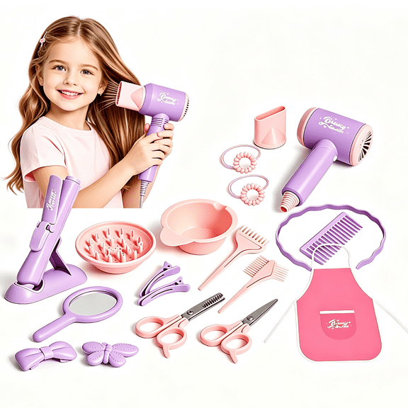Kids Beauty Salon Hair Styling 21‑Piece Pretend Play Set, Simulation Hair Dryer Straightener with Light & Sound Effect, Pretend Hairdressing Toy Kit for Girls Ages 3