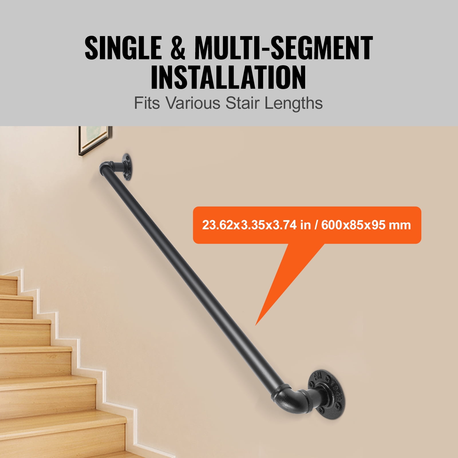VEVOR Pipe Stair Handrail, 2ft Staircase Handrail, Industrial Pipe Handrail with Wall Mount Support, Round Corner Wall Handrailings for Indoor, Outdoor