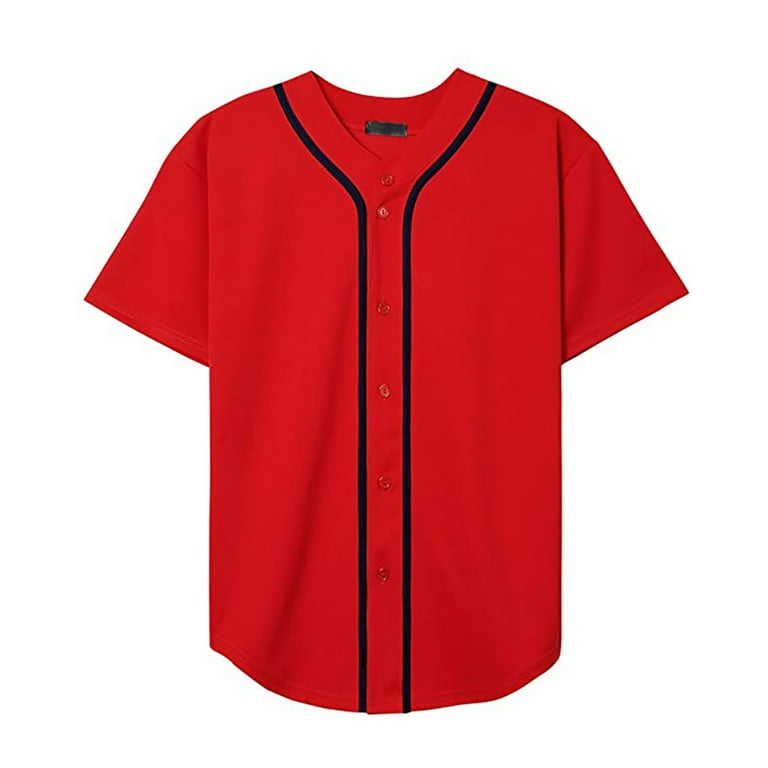 Mens Button Down Baseball Jersey, Blank Plain Softball Team Uniform, Hip Hop Hipster Short Sleeve Active Shirts, Adult Unisex, Size: Large, Red