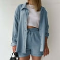 thumbnail image 4 of DHFJKG Women's 2 Piece Sets Spring Summer Outfits For Women Long Sleeve Button Up Collar Shirt High Waist Drawstring Shorts Casual Daily Wear Comfortable Outfit, 4 of 5